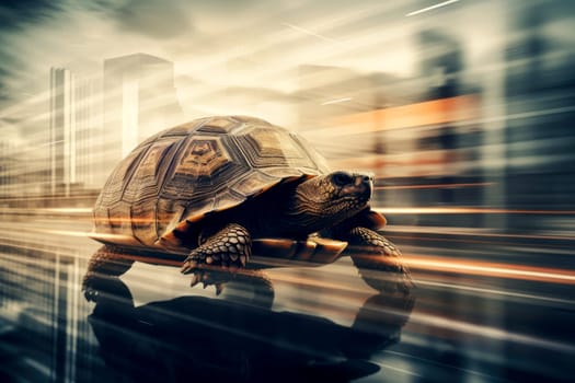 A Turtle dashes at full speed a city street, generative AI.