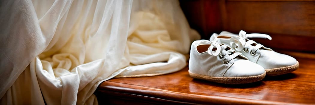 baby booties and a cross for baptism. Selective focus. white.