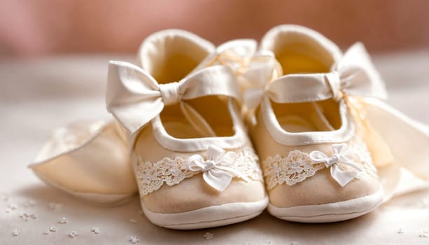 baby booties and a cross for baptism. Selective focus. white.