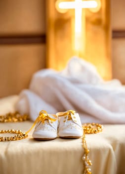 baby booties and a cross for baptism. Selective focus. white.