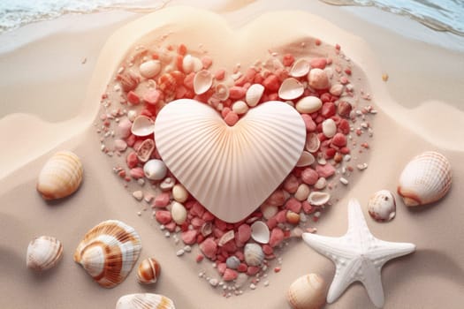 Heart shape composition of seashells on sand, flat lay. Generative AI.