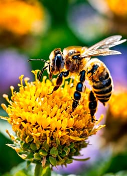 bees collect honey in a flower meadow honeycomb. Selective focus. nature.