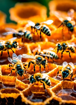 bees collect honey in a flower meadow honeycomb. Selective focus. nature.