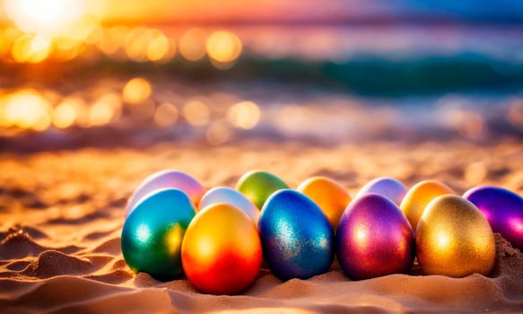 Easter eggs on the beach. Selective focus. Food.