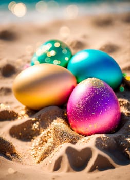 Easter eggs on the beach. Selective focus. Food.