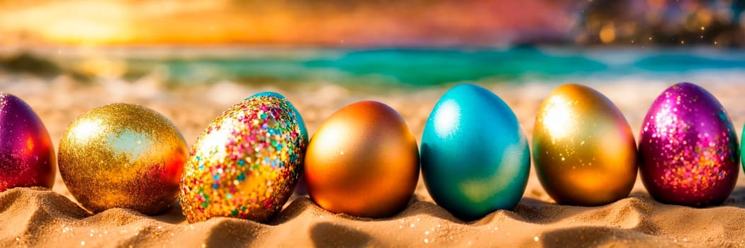 Easter eggs on the beach. Selective focus. Food.