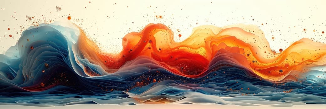 A dynamic painting capturing the powerful motion of a wave in vivid orange and blue hues.
