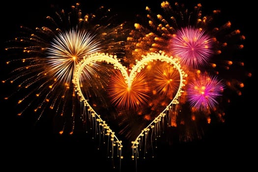 The word love on sky made of many fireworks, generative ai.