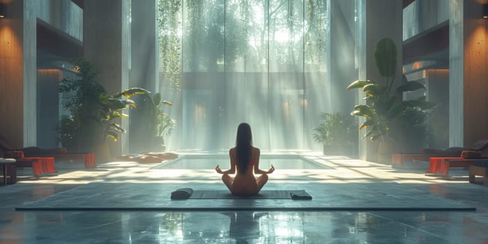 An Asian woman is seen sitting on a yoga mat in a large room.