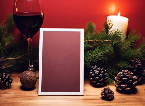 Christmas's Day Blank Greeting Card Mockup With red wine and Christmas decoration. Generative AI.