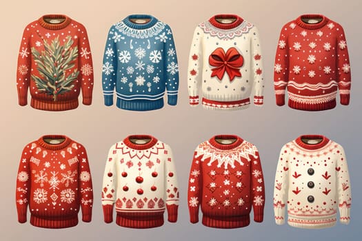 illustration of a pattern of ugly Christmas sweaters for wallpapers. AI generative.