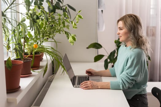 Woman sitting on armchair and putting your feet on the windowsill, works on laptop at home during self-isolation, cat nearby wants attention and to be stroked. Business from home.