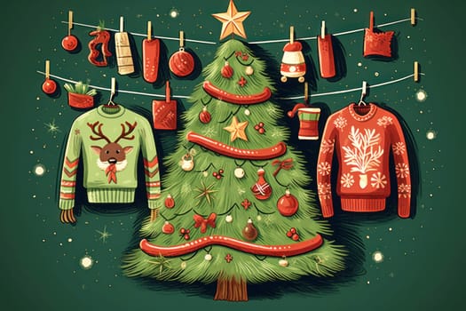 illustration of a pattern of ugly Christmas sweaters for wallpapers. AI generative.