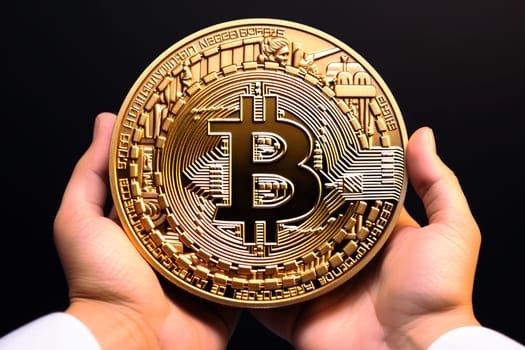 person holding a Bitcoin Golden Coin, Isolated. Bitcoin. Crypto. Cryptocurrency .Generative AI..