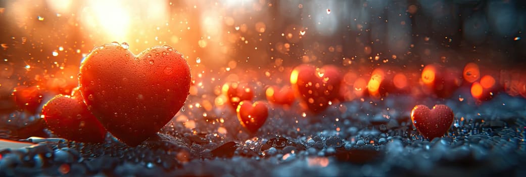 A red heart-shaped object sits on top of a damp ground, creating a vivid contrast between vibrant color and moisture.