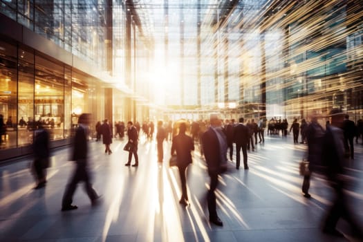 business person Moving crowd motion blurred background. Hand edited generative AI..