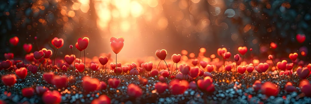 A striking image capturing a field of vibrant red flowers in the midst of a lush forest.