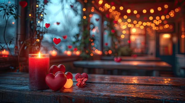 A photo featuring a candle and hearts arranged on a table, perfect for celebrating Valentines Day.