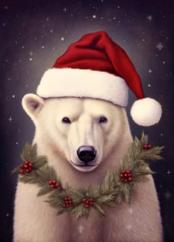 A white polar bear in a red Santa Claus hat. New year or Christmas concept. Generative AI.