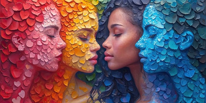 A woman stands with her eyes closed in front of a vibrant rainbow wall.