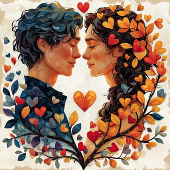 A painting depicting two individuals in an embrace, surrounded by a vibrant collection of leaves.