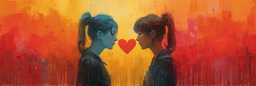 A painting depicting two people, celebrating love and diversity on Valentines Day, as they face each other.