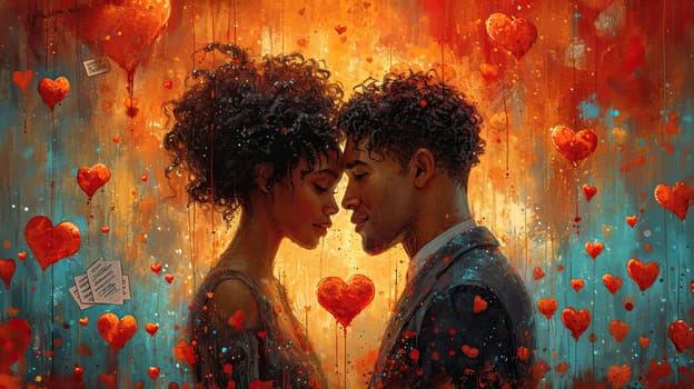 A painting capturing a moment between two African American individuals as they face each other, conveying a sense of connection and deep affection.