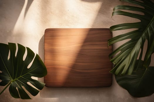 wooden mockup of tropical nature leaves on background leaves . Generative AI.