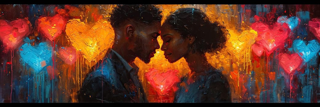 A painting depicting two African American couples standing face to face, celebrating Valentines Day.