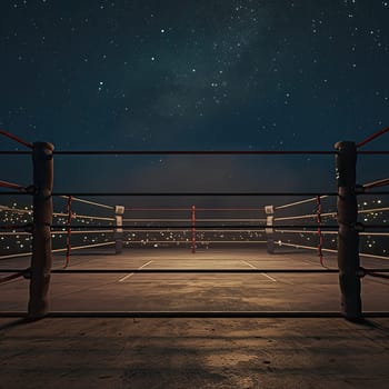 A photo capturing a boxing ring during a night-time fight, with a stunning backdrop of stars in the sky.