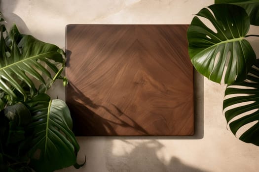 wooden mockup of tropical nature leaves on background leaves . Generative AI.