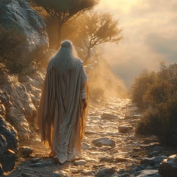 Prophet Moses, dressed in a white robe, walks down a path in the desert.