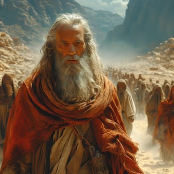 A powerful image capturing Prophet Moses, with his long beard, standing confidently in front of a group of people.