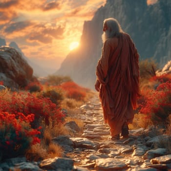 A man believed to be Prophet Moses wearing a robe, walking down a path in the desert.