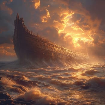 A ship sails through the open waters, surrounded by an expansive body of water.