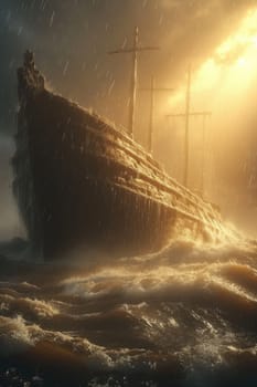 A ship resembling Noahs Ark navigating through the expansive ocean.