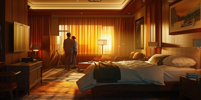Backlit couple in hotel room enjoys sunset, golden hues bathe the luxurious space. Date in hotel