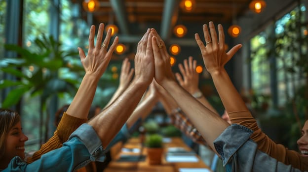 The business teams their hands up together while standing in the office. Teamwork concept. Neural network generated image. Not based on any actual person or scene.