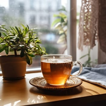 A warm cup of tea on a sunny windowsill beside a plant.