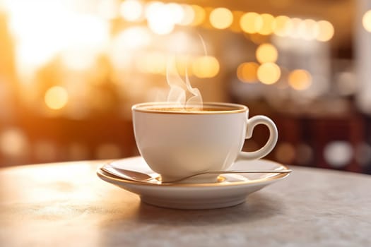 Steaming coffee cup on table with warm light.
