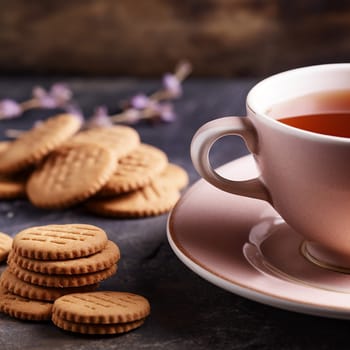 A cup of tea with cookies on a dark surface, accented by subtle flowers.