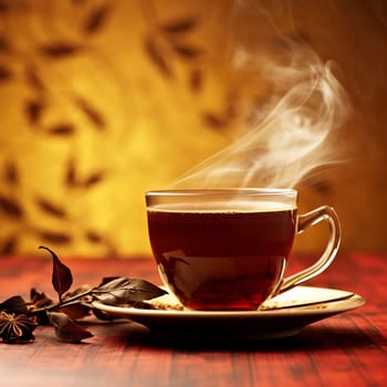 Steaming tea in a clear cup with saucer, autumn leaves backdrop.