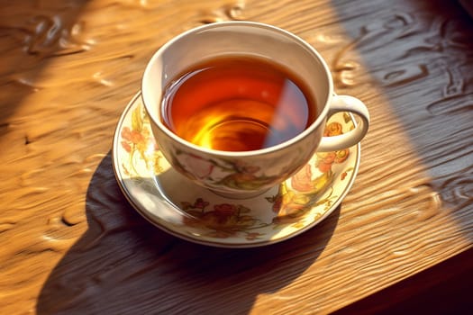 A warm cup of tea on a wooden surface with sunlight.