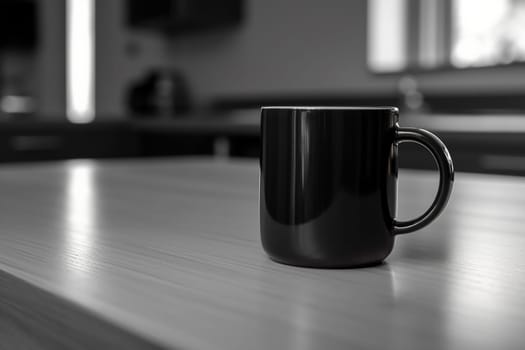 Black mug on a wooden table with blurred background.