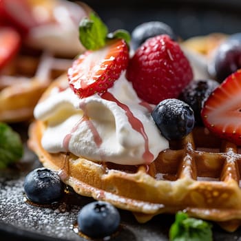 Stack of waffles drizzled with chocolate syrup and strawberries topping with vanilla ice cream