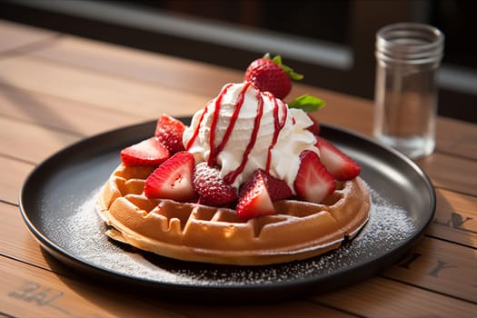 Stack of waffles drizzled with chocolate syrup and strawberries topping with vanilla ice cream