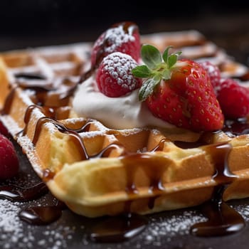 Stack of waffles drizzled with chocolate syrup and strawberries topping with vanilla ice cream