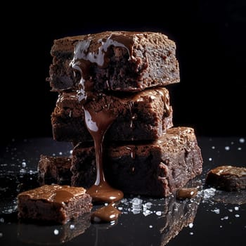 Stack of chocolate brownies with melting chocolate on top.