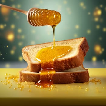 Golden honey being drizzled on toasted bread with bokeh background