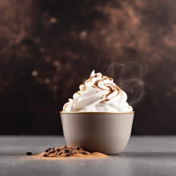 A warm cup of coffee topped with creamy whipped cream and sprinkled cocoa